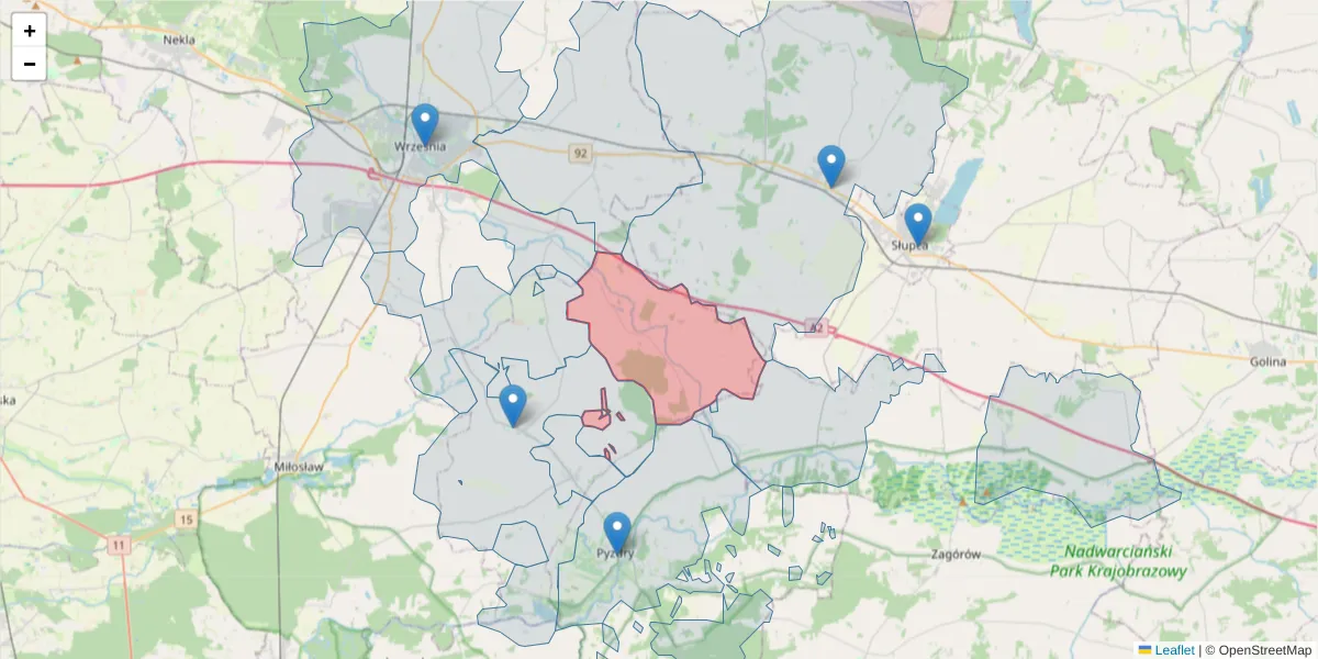 Szczegółowa mapa kodu pocztowego 62-305 z granicami, sąsiednimi kodami pocztowymi i urzędami pocztowymi