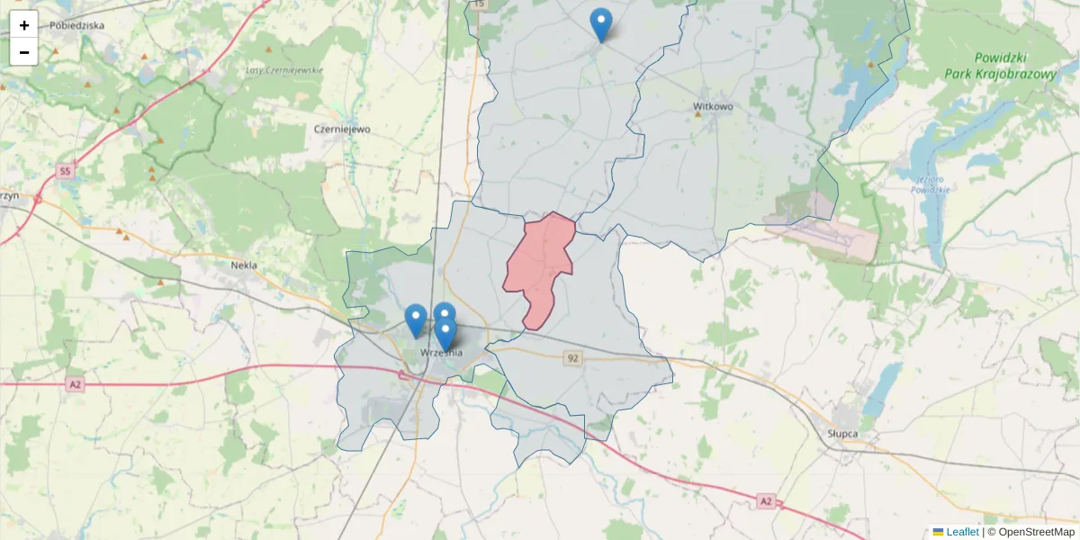 Szczegółowa mapa kodu pocztowego 62-309 z granicami, sąsiednimi kodami pocztowymi i urzędami pocztowymi
