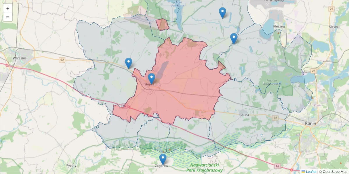 Szczegółowa mapa kodu pocztowego 62-400 z granicami, sąsiednimi kodami pocztowymi i urzędami pocztowymi