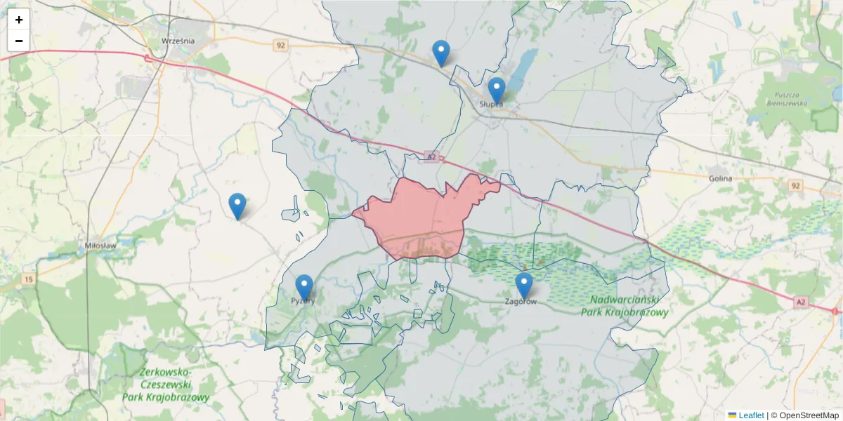 Szczegółowa mapa kodu pocztowego 62-404 z granicami, sąsiednimi kodami pocztowymi i urzędami pocztowymi