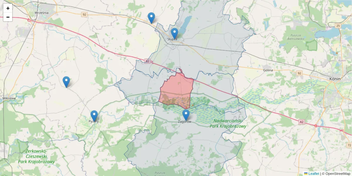 Szczegółowa mapa kodu pocztowego 62-405 z granicami, sąsiednimi kodami pocztowymi i urzędami pocztowymi