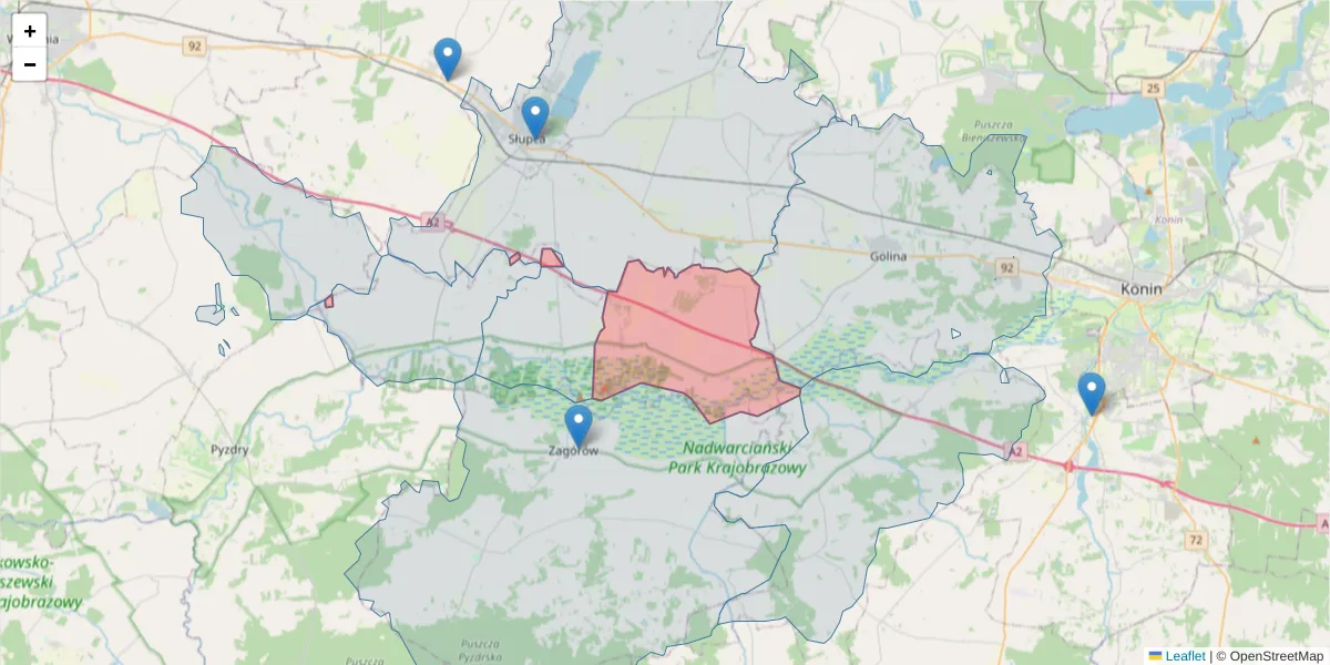 Szczegółowa mapa kodu pocztowego 62-406 z granicami, sąsiednimi kodami pocztowymi i urzędami pocztowymi