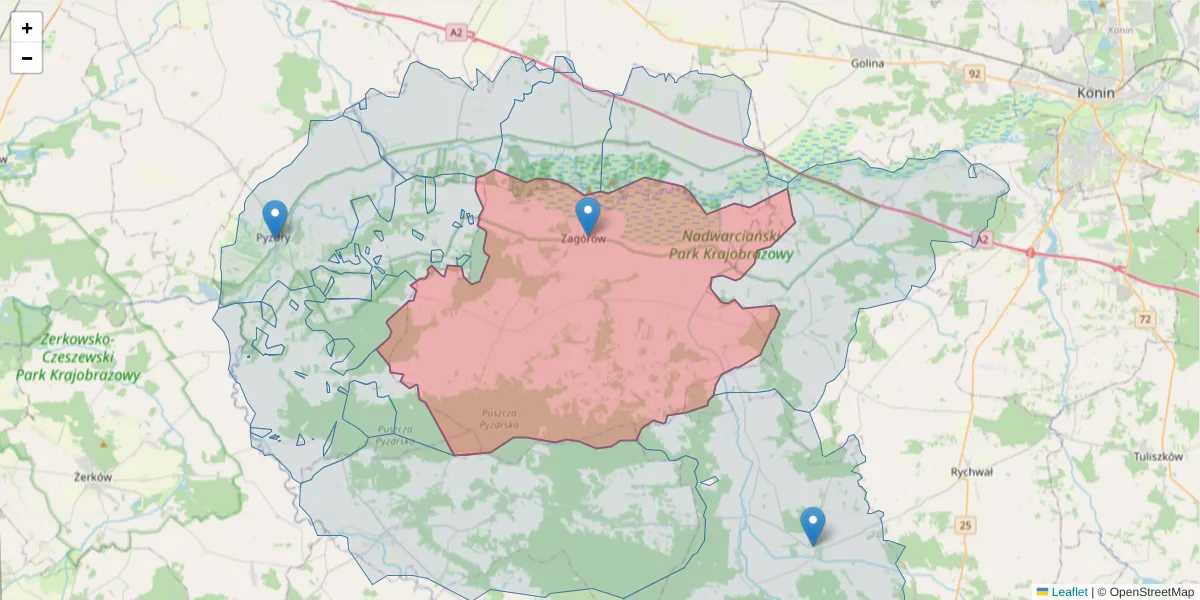 Szczegółowa mapa kodu pocztowego 62-410 z granicami, sąsiednimi kodami pocztowymi i urzędami pocztowymi