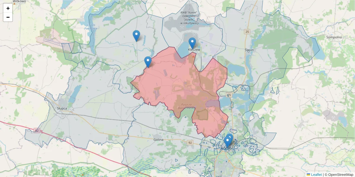 Szczegółowa mapa kodu pocztowego 62-530 z granicami, sąsiednimi kodami pocztowymi i urzędami pocztowymi