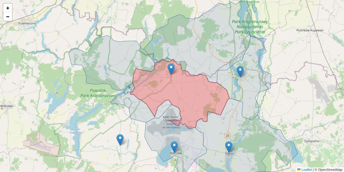 Szczegółowa mapa kodu pocztowego 62-550 z granicami, sąsiednimi kodami pocztowymi i urzędami pocztowymi