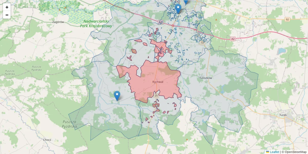 Szczegółowa mapa kodu pocztowego 62-570 z granicami, sąsiednimi kodami pocztowymi i urzędami pocztowymi