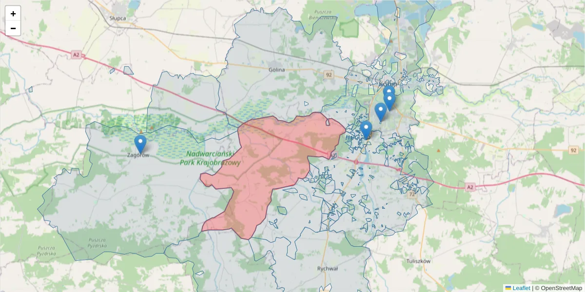 Szczegółowa mapa kodu pocztowego 62-586 z granicami, sąsiednimi kodami pocztowymi i urzędami pocztowymi