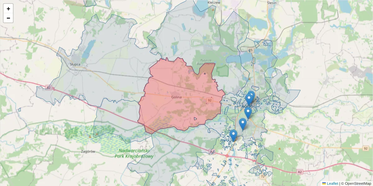 Szczegółowa mapa kodu pocztowego 62-590 z granicami, sąsiednimi kodami pocztowymi i urzędami pocztowymi