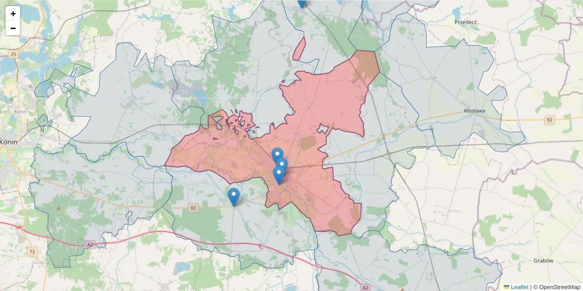 Szczegółowa mapa kodu pocztowego 62-600 z granicami, sąsiednimi kodami pocztowymi i urzędami pocztowymi