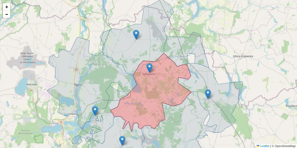 Szczegółowa mapa kodu pocztowego 62-610 z granicami, sąsiednimi kodami pocztowymi i urzędami pocztowymi