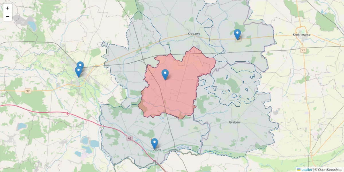 Szczegółowa mapa kodu pocztowego 62-641 z granicami, sąsiednimi kodami pocztowymi i urzędami pocztowymi
