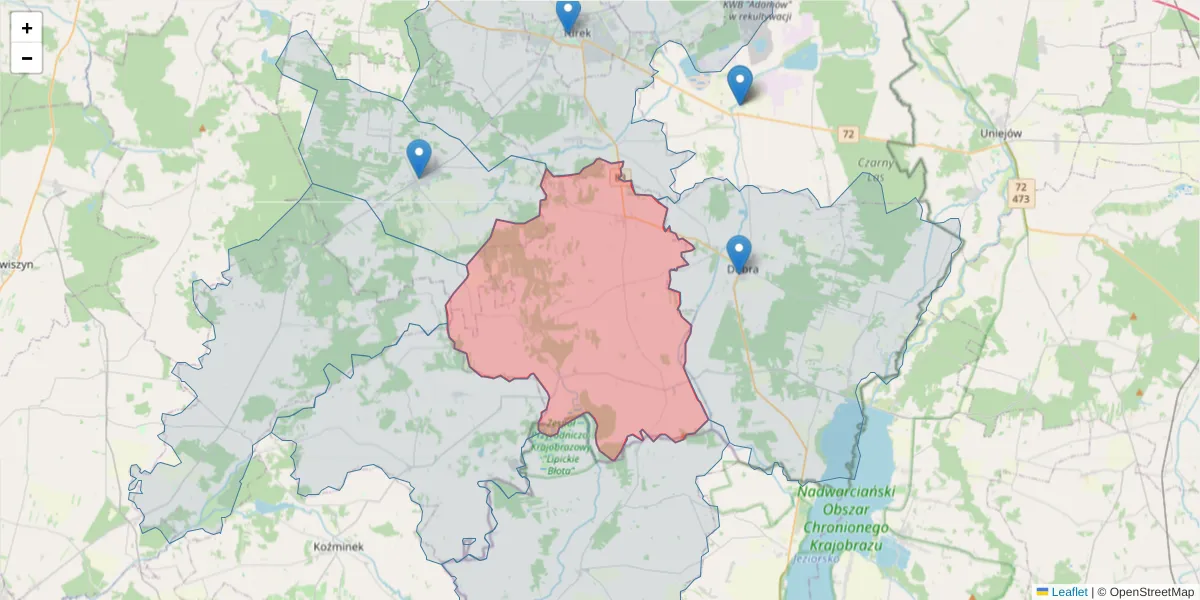 Szczegółowa mapa kodu pocztowego 62-704 z granicami, sąsiednimi kodami pocztowymi i urzędami pocztowymi