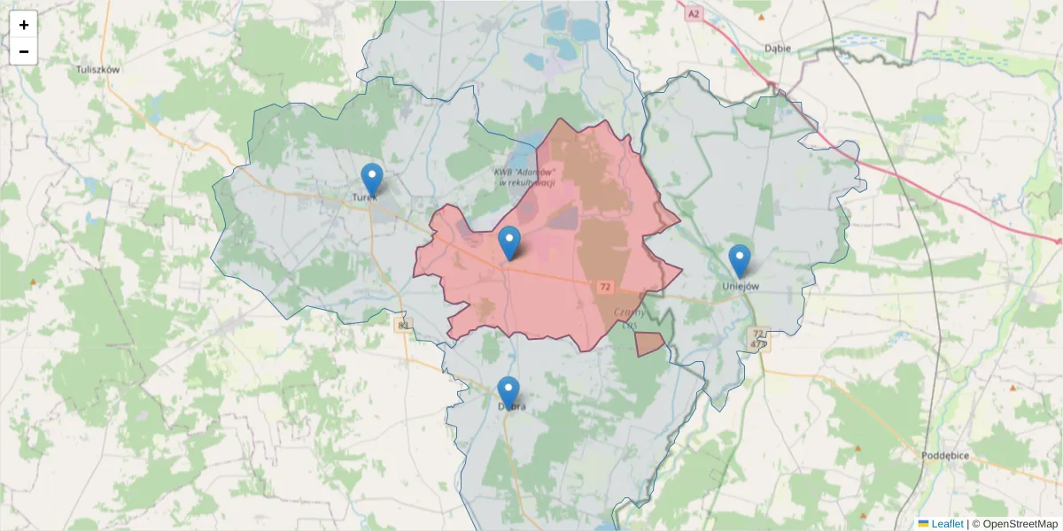 Szczegółowa mapa kodu pocztowego 62-731 z granicami, sąsiednimi kodami pocztowymi i urzędami pocztowymi