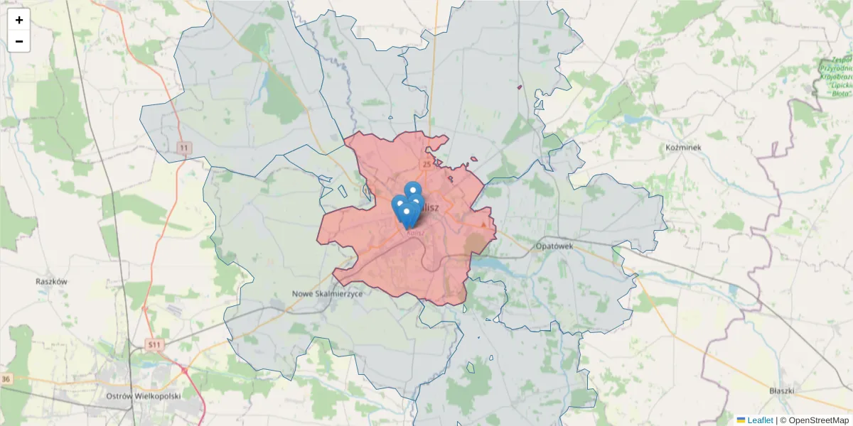 Szczegółowa mapa kodu pocztowego 62-800 z granicami, sąsiednimi kodami pocztowymi i urzędami pocztowymi