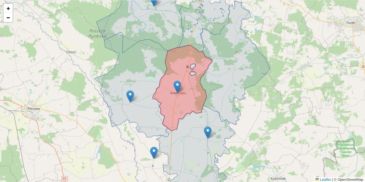 Szczegółowa mapa kodu pocztowego 62-820 z granicami, sąsiednimi kodami pocztowymi i urzędami pocztowymi