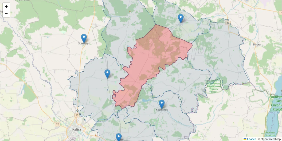 Szczegółowa mapa kodu pocztowego 62-834 z granicami, sąsiednimi kodami pocztowymi i urzędami pocztowymi