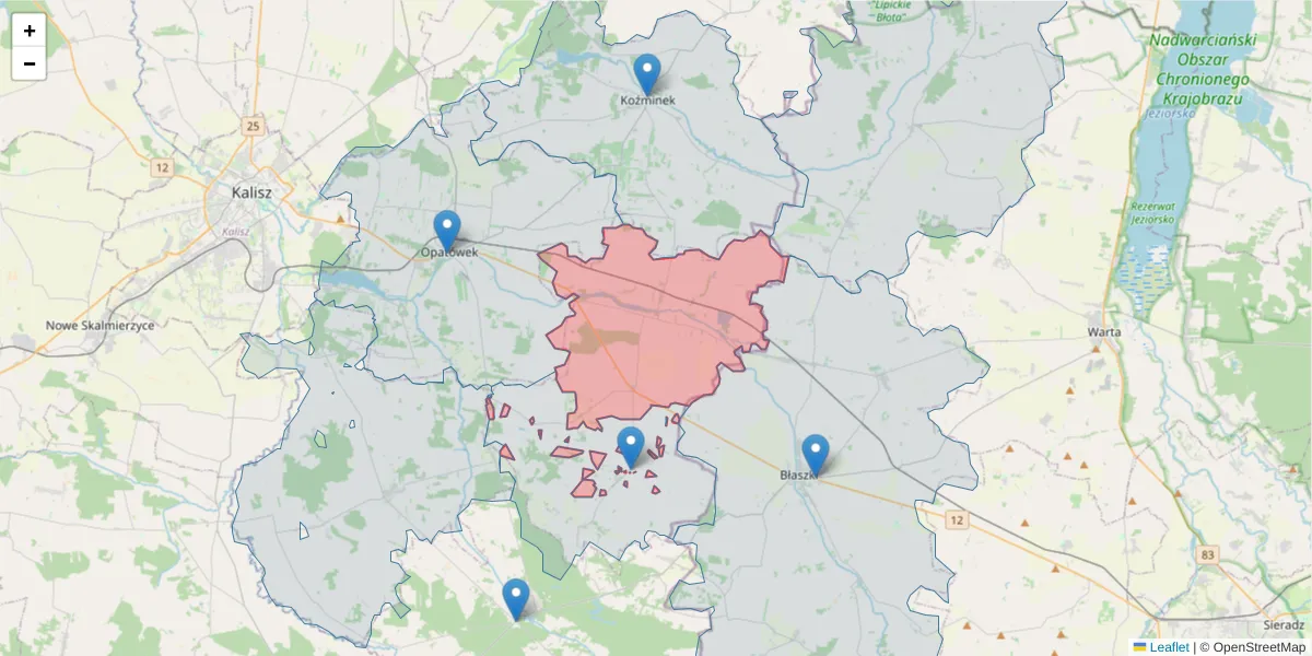 Szczegółowa mapa kodu pocztowego 62-865 z granicami, sąsiednimi kodami pocztowymi i urzędami pocztowymi