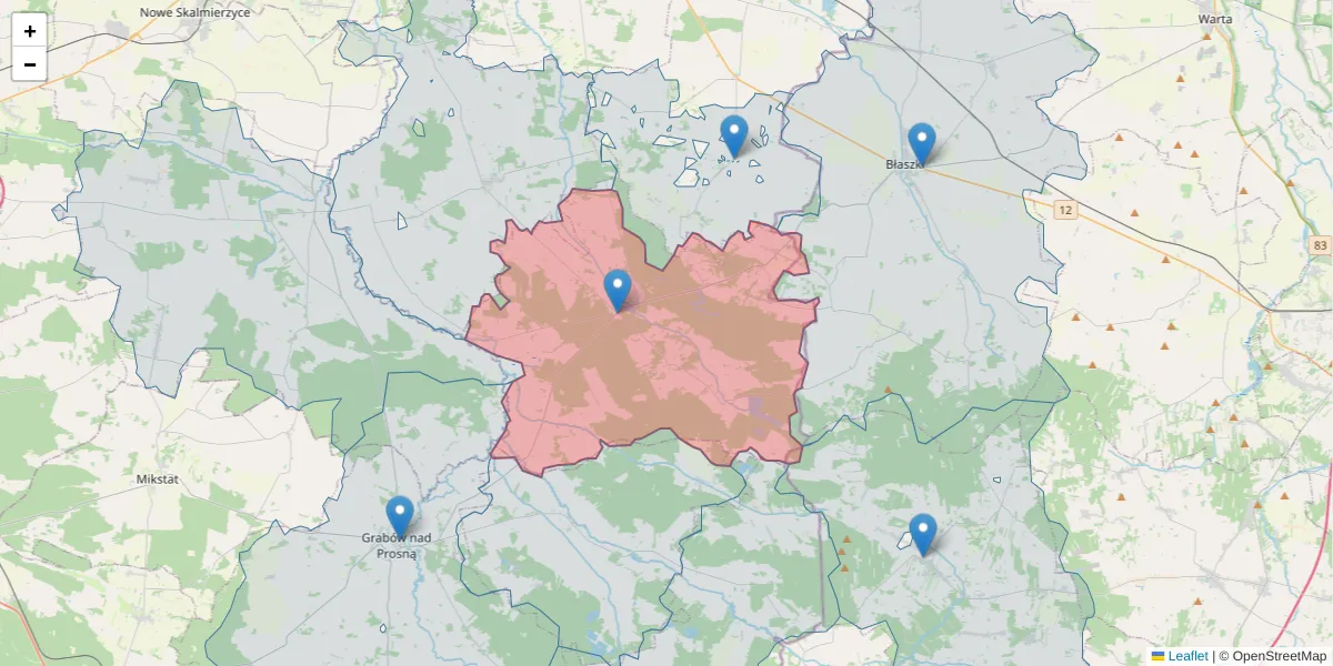 Szczegółowa mapa kodu pocztowego 62-874 z granicami, sąsiednimi kodami pocztowymi i urzędami pocztowymi