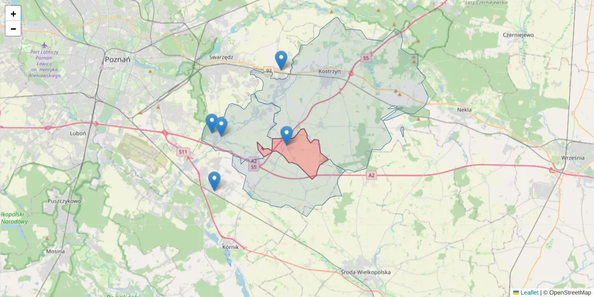 Szczegółowa mapa kodu pocztowego 63-005 z granicami, sąsiednimi kodami pocztowymi i urzędami pocztowymi