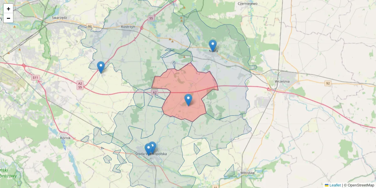 Szczegółowa mapa kodu pocztowego 63-012 z granicami, sąsiednimi kodami pocztowymi i urzędami pocztowymi