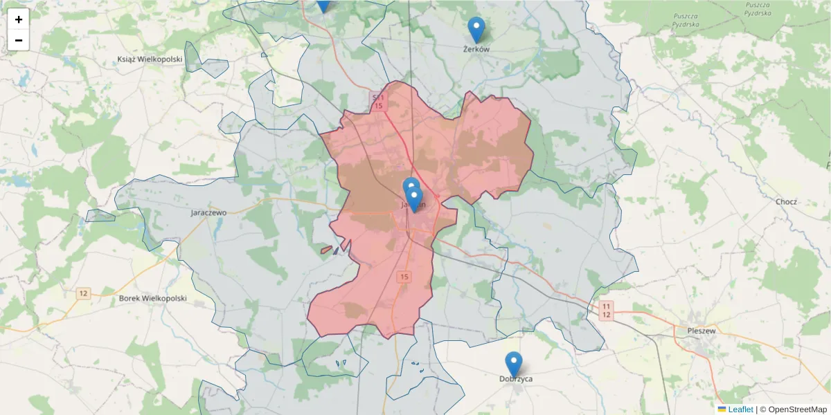 Szczegółowa mapa kodu pocztowego 63-200 z granicami, sąsiednimi kodami pocztowymi i urzędami pocztowymi