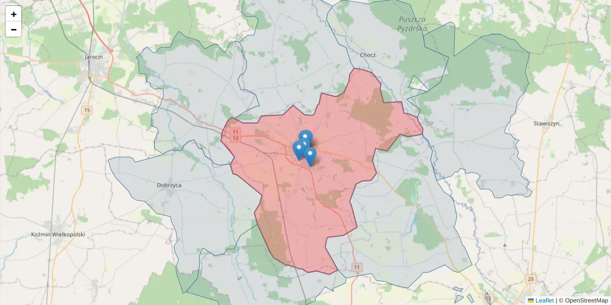 Szczegółowa mapa kodu pocztowego 63-300 z granicami, sąsiednimi kodami pocztowymi i urzędami pocztowymi