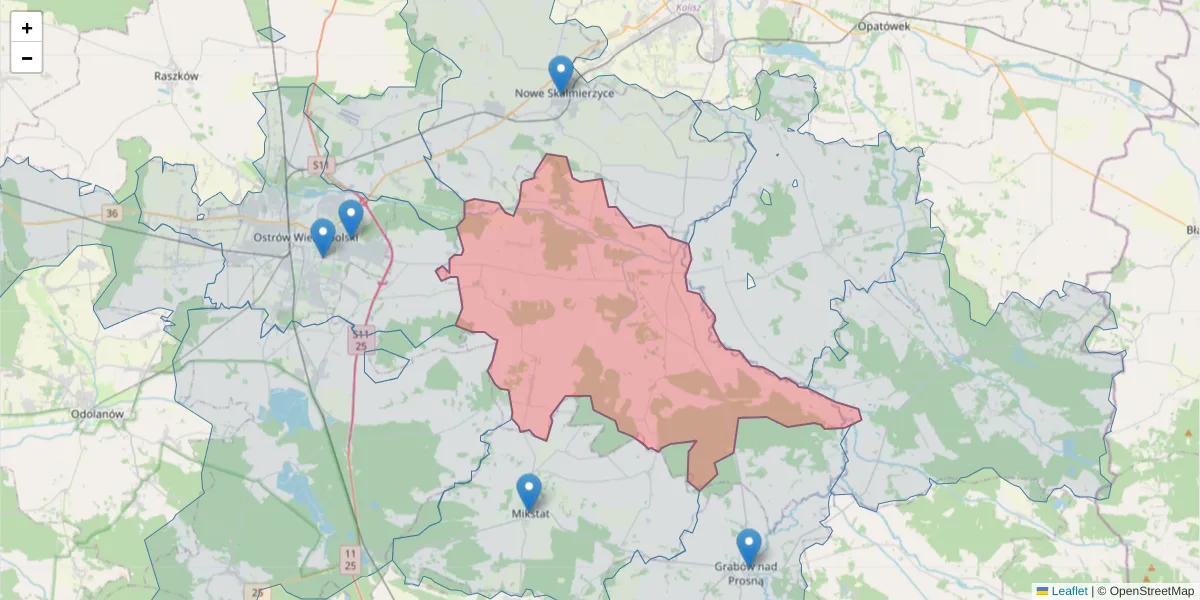 Szczegółowa mapa kodu pocztowego 63-405 z granicami, sąsiednimi kodami pocztowymi i urzędami pocztowymi
