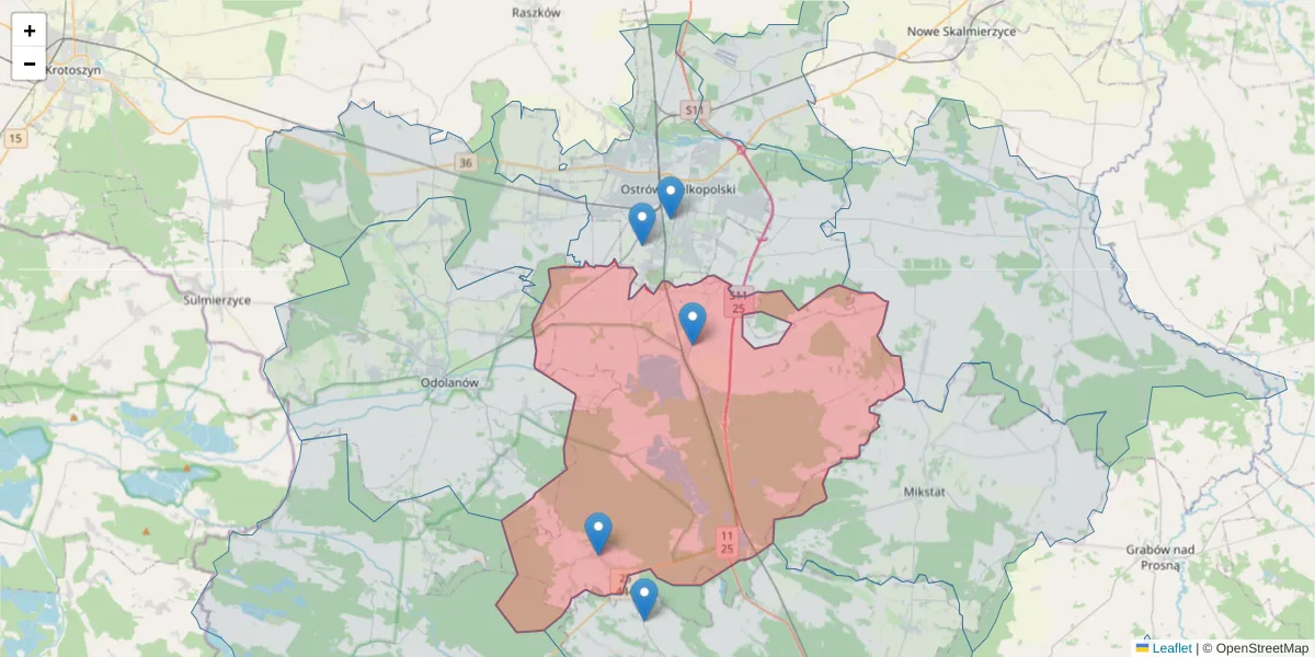 Szczegółowa mapa kodu pocztowego 63-421 z granicami, sąsiednimi kodami pocztowymi i urzędami pocztowymi
