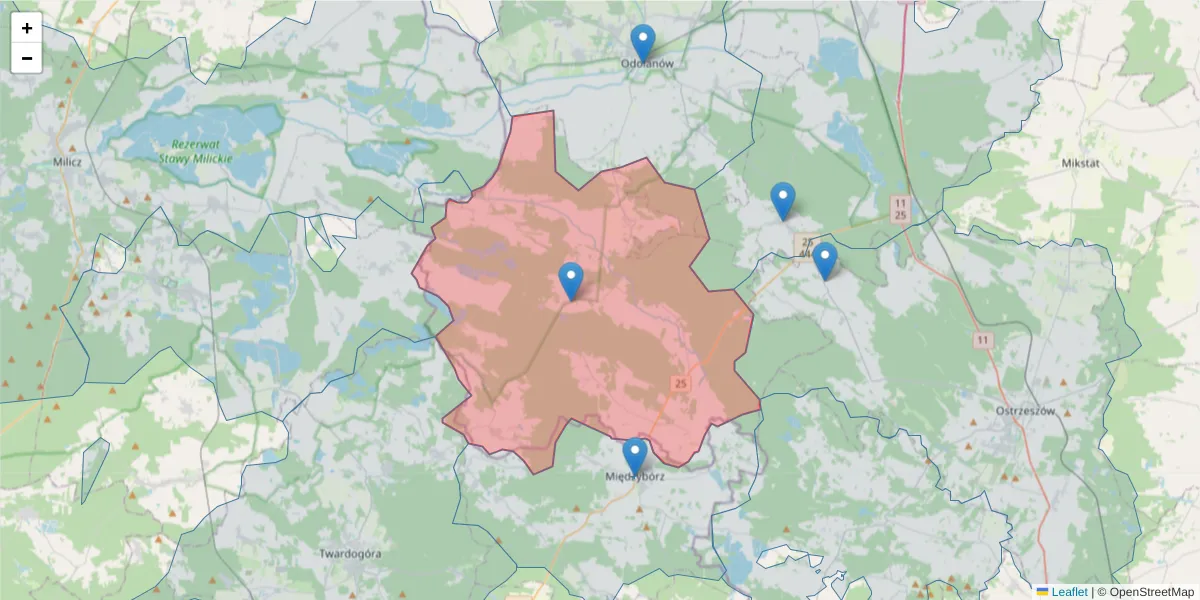 Szczegółowa mapa kodu pocztowego 63-435 z granicami, sąsiednimi kodami pocztowymi i urzędami pocztowymi