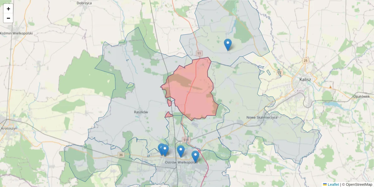 Szczegółowa mapa kodu pocztowego 63-450 z granicami, sąsiednimi kodami pocztowymi i urzędami pocztowymi