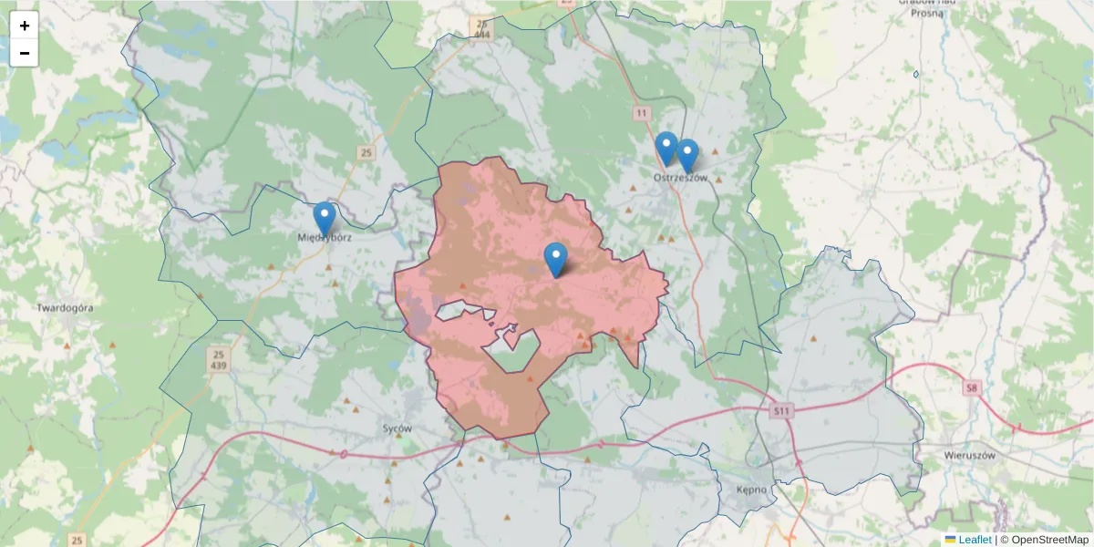 Szczegółowa mapa kodu pocztowego 63-507 z granicami, sąsiednimi kodami pocztowymi i urzędami pocztowymi