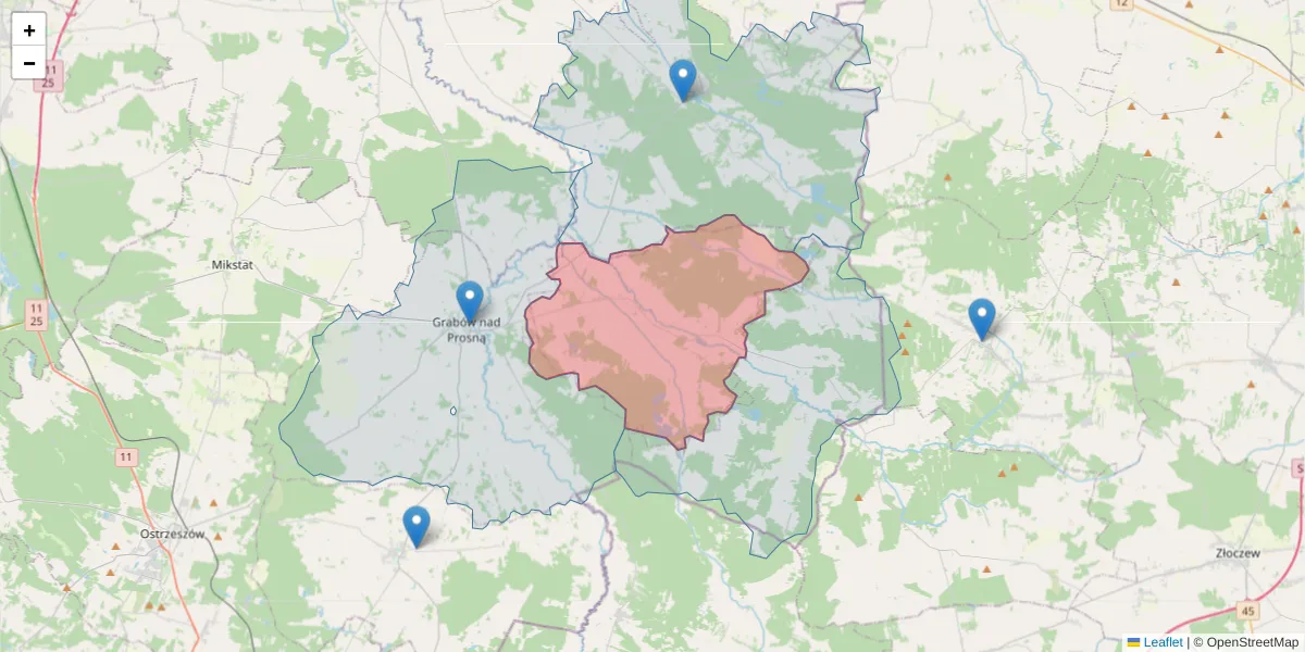 Szczegółowa mapa kodu pocztowego 63-522 z granicami, sąsiednimi kodami pocztowymi i urzędami pocztowymi