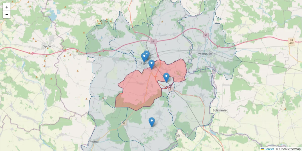 Szczegółowa mapa kodu pocztowego 63-604 z granicami, sąsiednimi kodami pocztowymi i urzędami pocztowymi