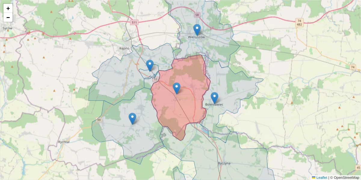 Szczegółowa mapa kodu pocztowego 63-645 z granicami, sąsiednimi kodami pocztowymi i urzędami pocztowymi