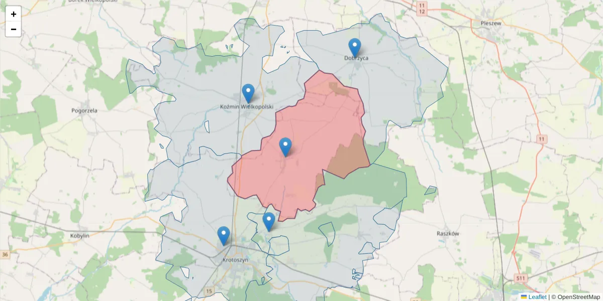 Szczegółowa mapa kodu pocztowego 63-708 z granicami, sąsiednimi kodami pocztowymi i urzędami pocztowymi