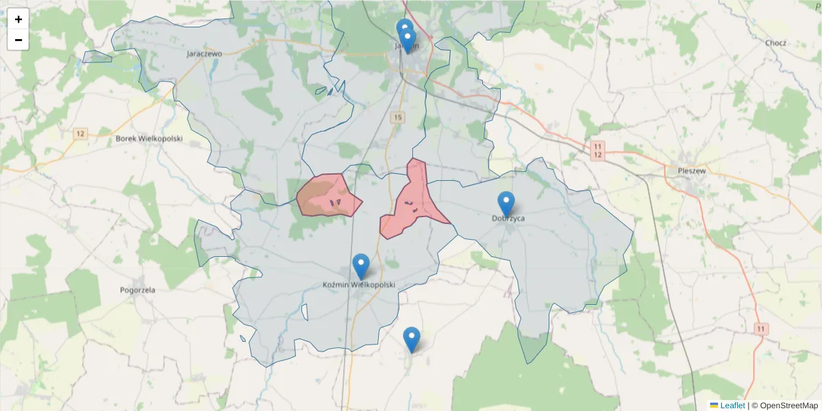 Szczegółowa mapa kodu pocztowego 63-721 z granicami, sąsiednimi kodami pocztowymi i urzędami pocztowymi