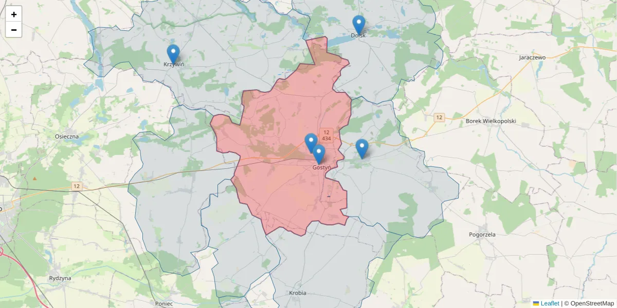 Szczegółowa mapa kodu pocztowego 63-800 z granicami, sąsiednimi kodami pocztowymi i urzędami pocztowymi