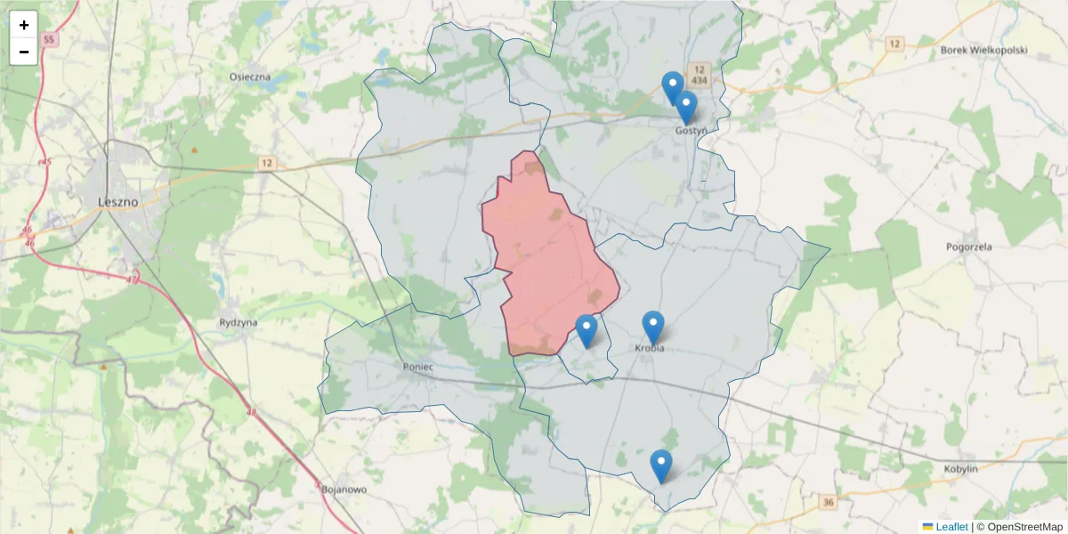 Szczegółowa mapa kodu pocztowego 63-805 z granicami, sąsiednimi kodami pocztowymi i urzędami pocztowymi