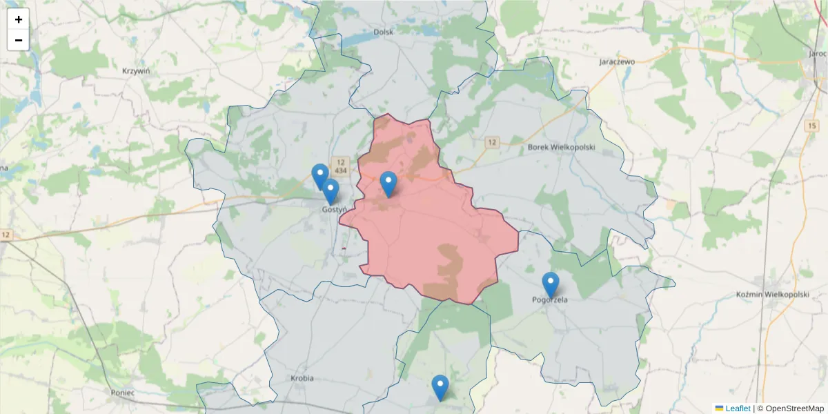 Szczegółowa mapa kodu pocztowego 63-820 z granicami, sąsiednimi kodami pocztowymi i urzędami pocztowymi