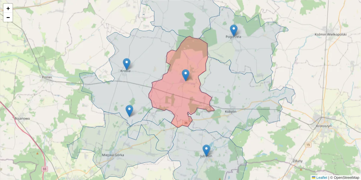 Szczegółowa mapa kodu pocztowego 63-830 z granicami, sąsiednimi kodami pocztowymi i urzędami pocztowymi