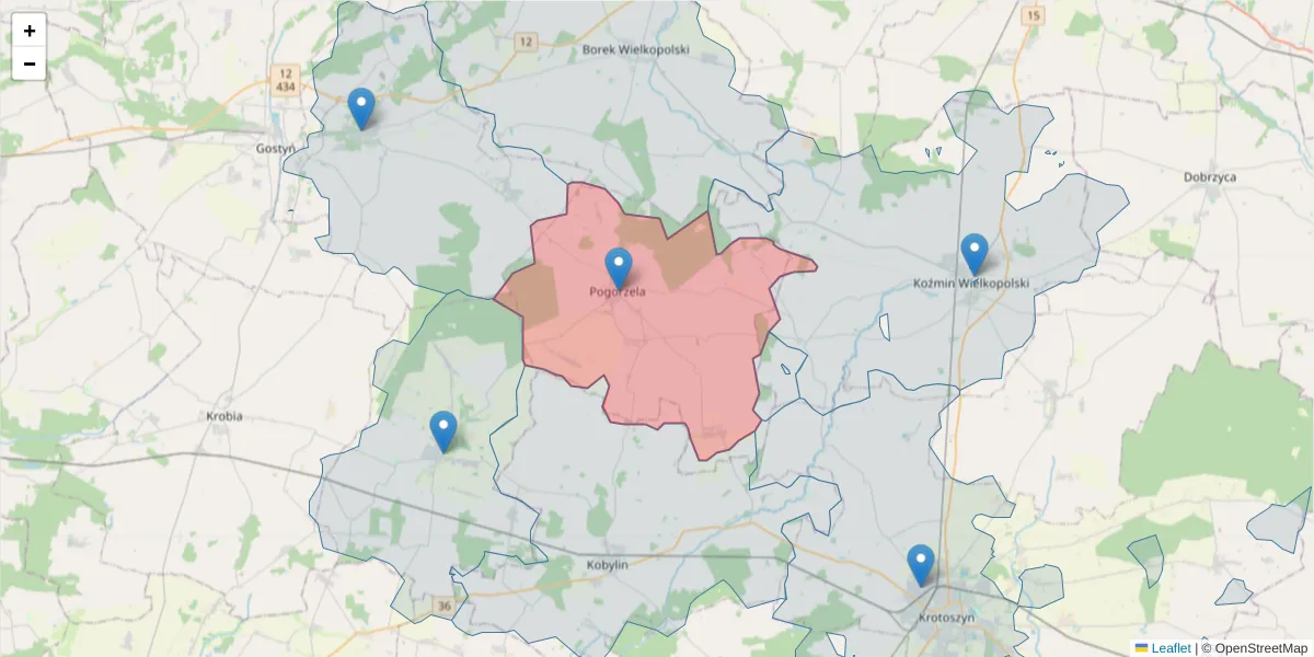 Szczegółowa mapa kodu pocztowego 63-860 z granicami, sąsiednimi kodami pocztowymi i urzędami pocztowymi