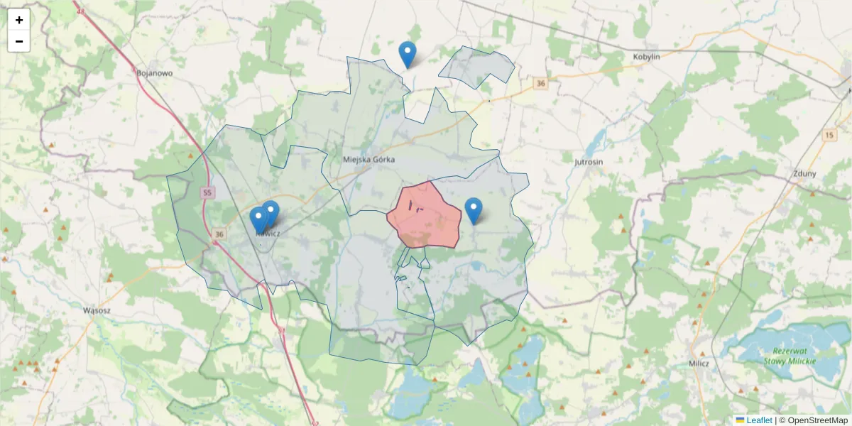 Szczegółowa mapa kodu pocztowego 63-921 z granicami, sąsiednimi kodami pocztowymi i urzędami pocztowymi