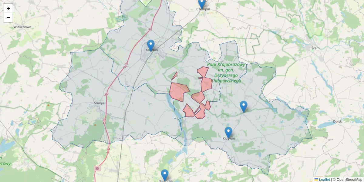 Szczegółowa mapa kodu pocztowego 64-005 z granicami, sąsiednimi kodami pocztowymi i urzędami pocztowymi