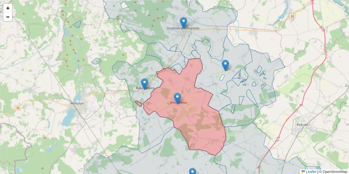 Szczegółowa mapa kodu pocztowego 64-050 z granicami, sąsiednimi kodami pocztowymi i urzędami pocztowymi
