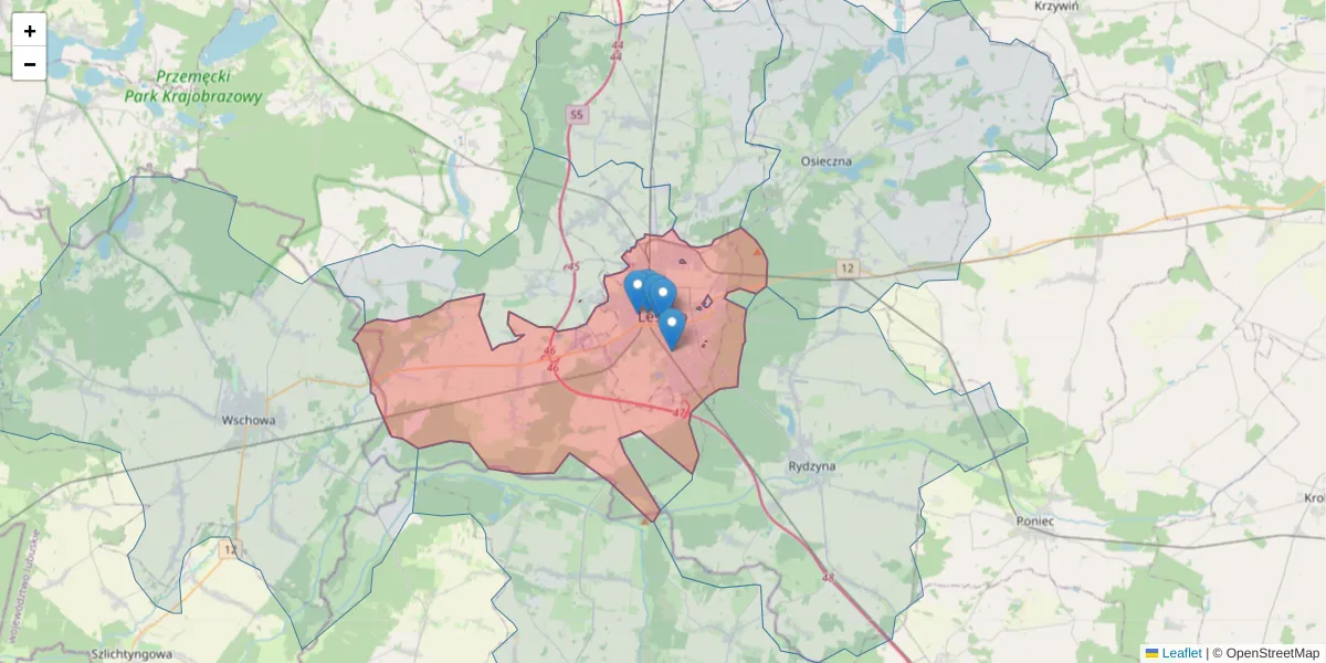 Szczegółowa mapa kodu pocztowego 64-100 z granicami, sąsiednimi kodami pocztowymi i urzędami pocztowymi