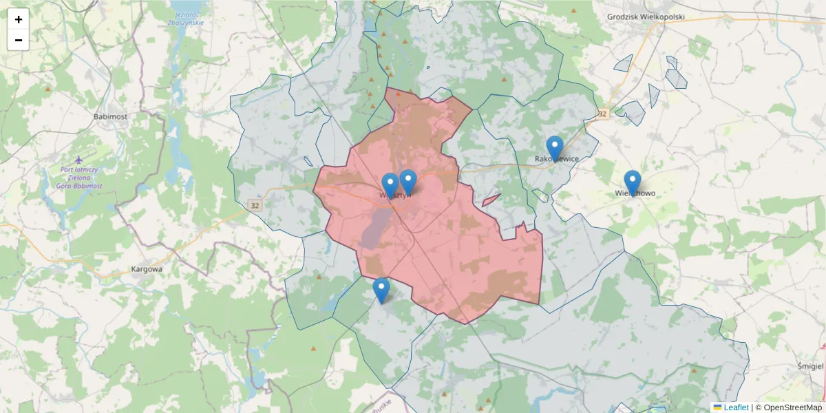 Szczegółowa mapa kodu pocztowego 64-200 z granicami, sąsiednimi kodami pocztowymi i urzędami pocztowymi