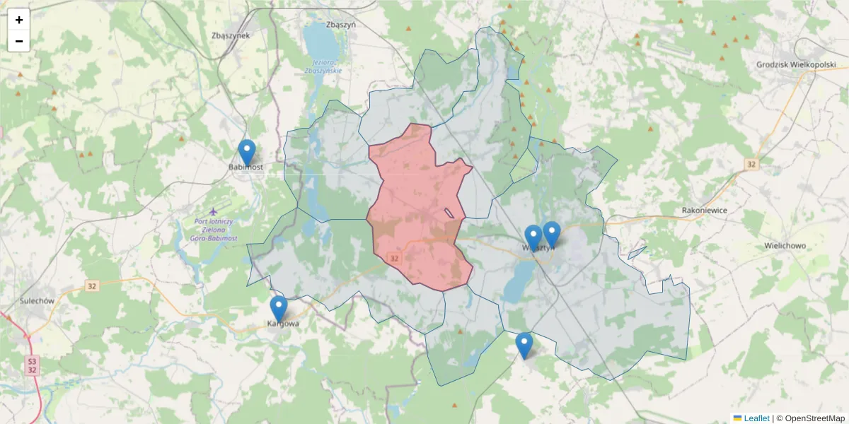 Szczegółowa mapa kodu pocztowego 64-212 z granicami, sąsiednimi kodami pocztowymi i urzędami pocztowymi