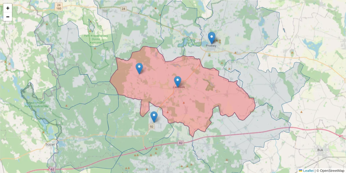 Szczegółowa mapa kodu pocztowego 64-310 z granicami, sąsiednimi kodami pocztowymi i urzędami pocztowymi