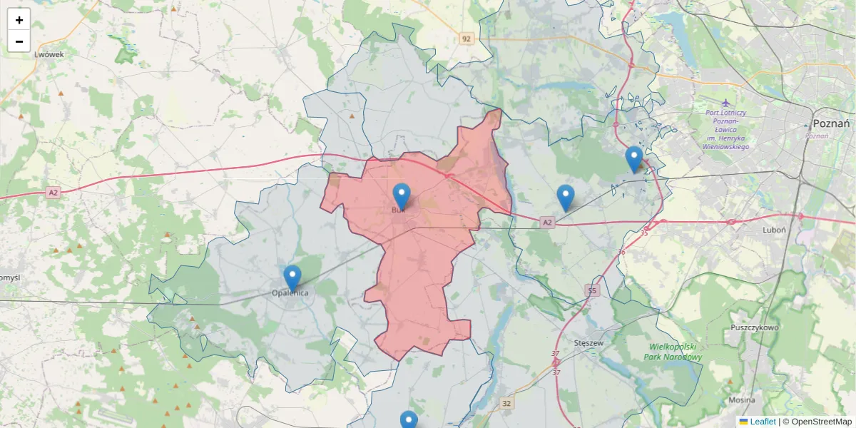Szczegółowa mapa kodu pocztowego 64-320 z granicami, sąsiednimi kodami pocztowymi i urzędami pocztowymi