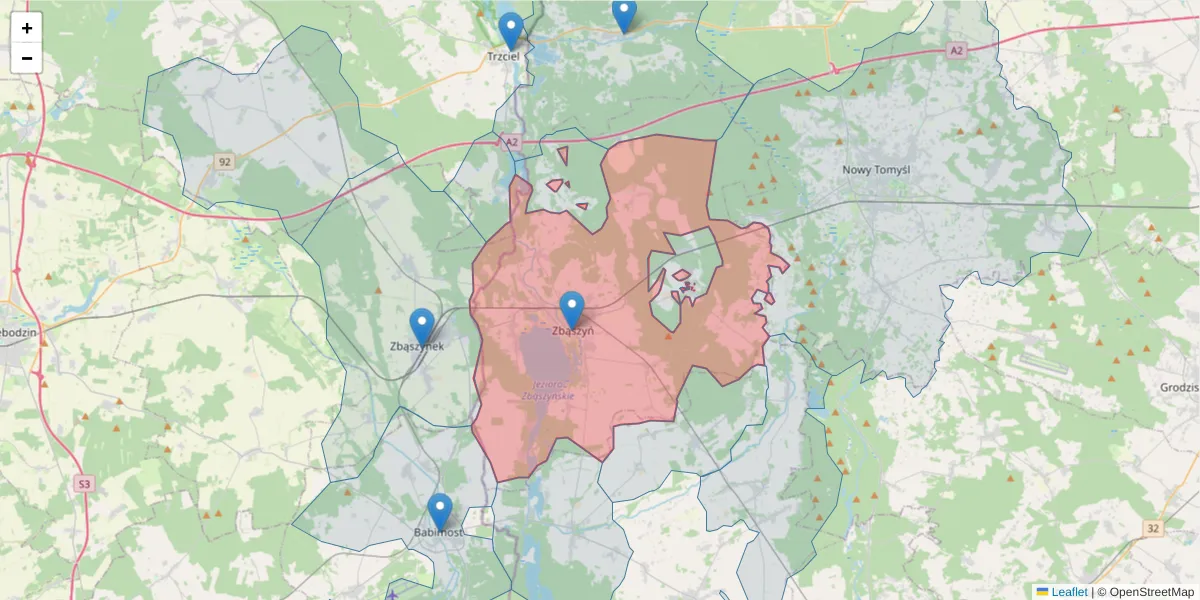 Szczegółowa mapa kodu pocztowego 64-360 z granicami, sąsiednimi kodami pocztowymi i urzędami pocztowymi